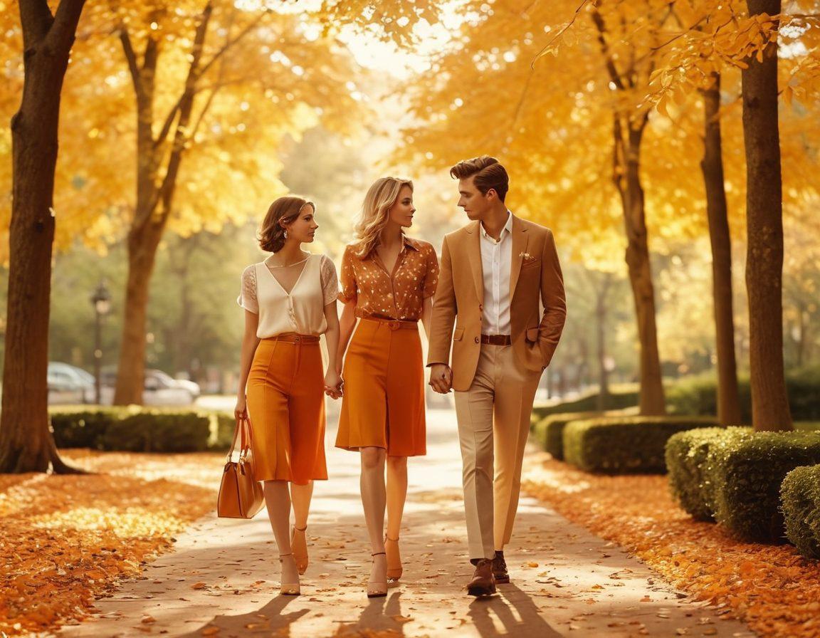 A dreamy summer scene showcasing a stylish adult couple walking through a sunlit park, wearing elegant yet slightly melancholic summer outfits. The background features soft, blurred trees and warm golden sunlight filtering through leaves, creating a tranquil atmosphere. The couple's expressions reflect a blend of nostalgia and comfort, symbolizing the complexities of relationship dynamics. Include touches of fashion accessories and a hint of a retro aesthetic. super-realistic. warm colors. soft focus.