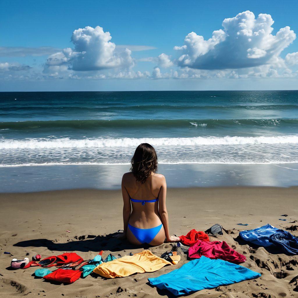 A melancholic beach scene depicting a solitary figure in vibrant swimwear, gazing at the waves with a pensive expression. Surrounding the figure, discarded beach items symbolize lost relationships, such as half-buried heart-shaped sunglasses and a crumpled beach towel. The sky transitions from sunny blue to cloudy grey, reflecting the mood. The ocean waves gently crash, adding an emotional depth to the serene yet sad atmosphere. super-realistic. somber colors. detailed textures.