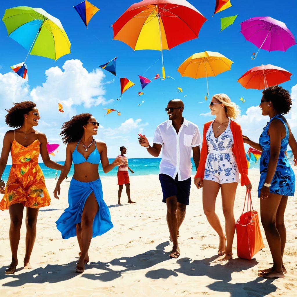 A vibrant beach scene showing a diverse group of people dressed in stylish vacation attire, engaged in different activities that represent open relationships, like laughter and teamwork. Include symbols of freedom and communication, like colorful kites and beach umbrellas, all against a sunny sky. Incorporate a playful and inclusive atmosphere. super-realistic. vibrant colors. white background.